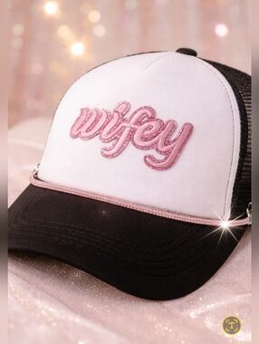 Wifey Trucker Hat Pink Glitter Bride Bachelorette Bridal Sparkle Cap-Embroidered